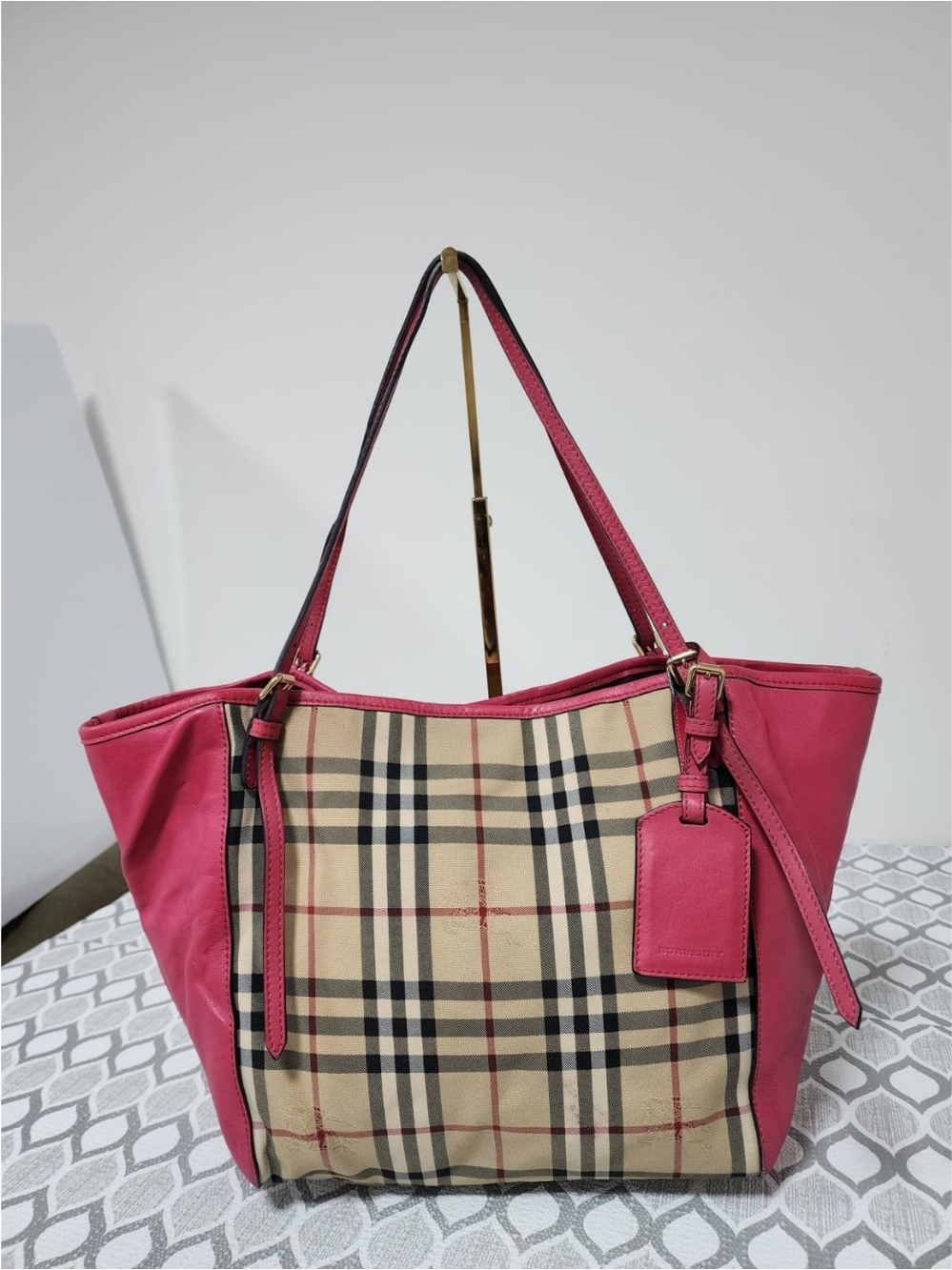 Burberry Haymarket Check Leather Trim Tote Bag Pink/Beige